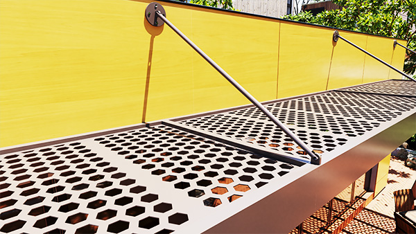 Umbra sun control canopy PSC-6 on restaurant storefront - closeup