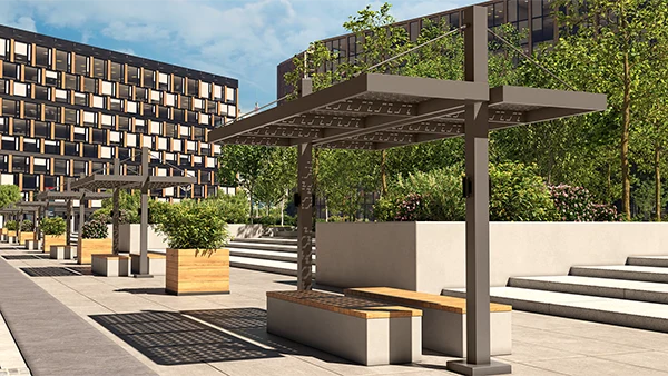 Freestanding shade structures with decorative aluminum panels for shade protection