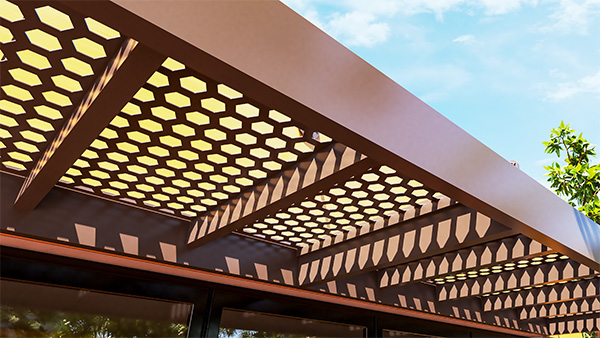Umbra sun control canopy PSC-6 on restaurant storefront - details