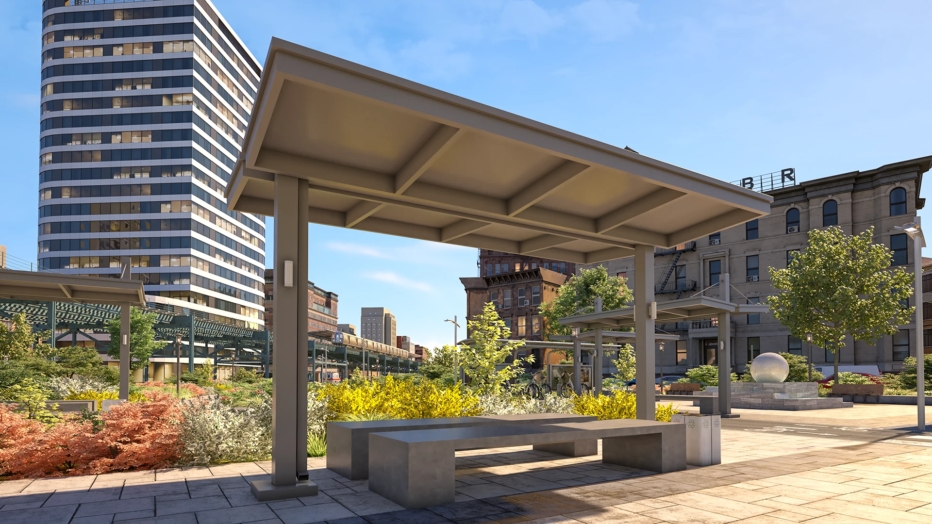 Umbra SRC freestanding architectural canopy in a park