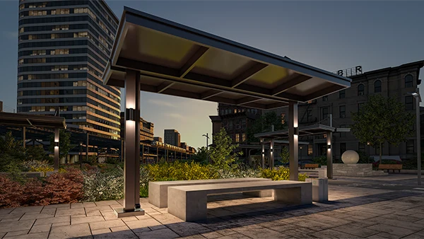 Umbra SRC freestanding architectural canopy at night with Aura LED lighting