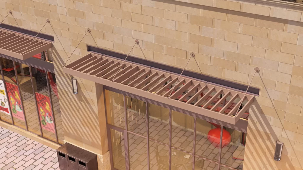 Top-down view of Umbra BSC Canopies shading a building.