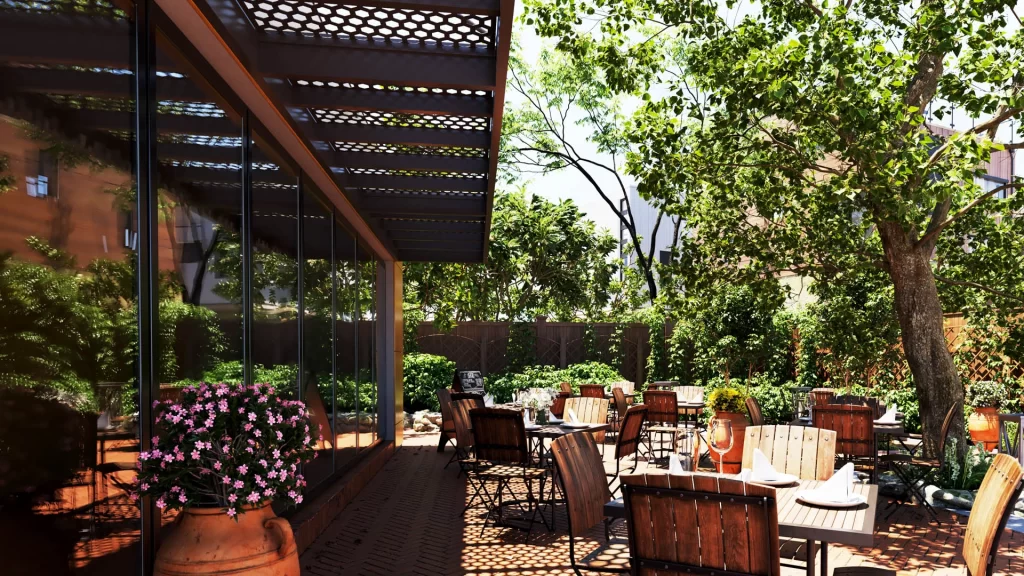 A view of Umbra PSC shading a cafe's outdoor dining area.