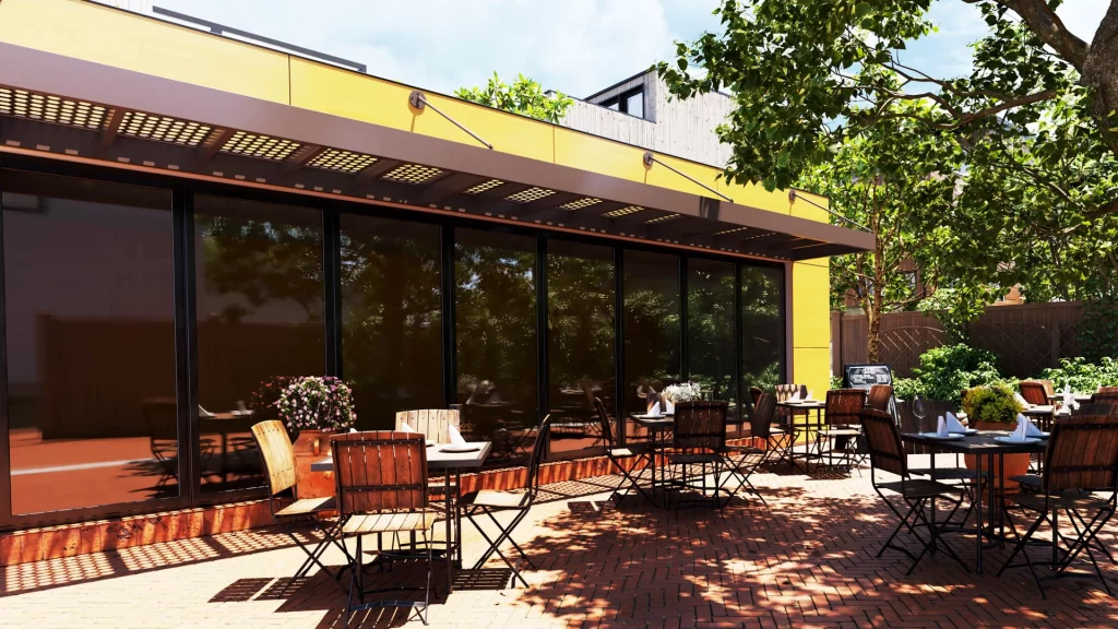 Wide-shot of Umbra PSC Canopies shading a cafe storefront.