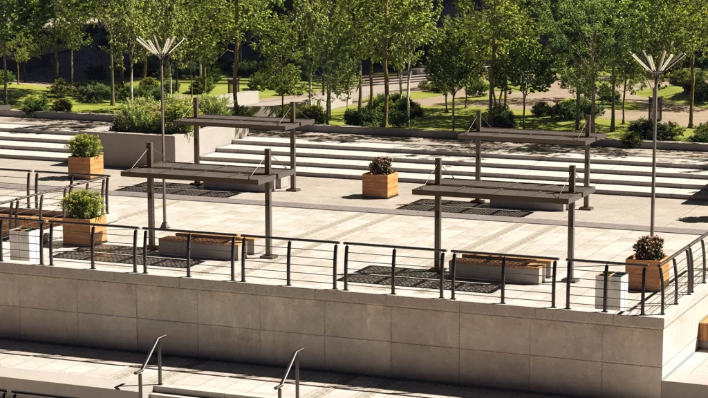 Wide-shot of multiple Umbra SSC Canopies shading benches near a park.