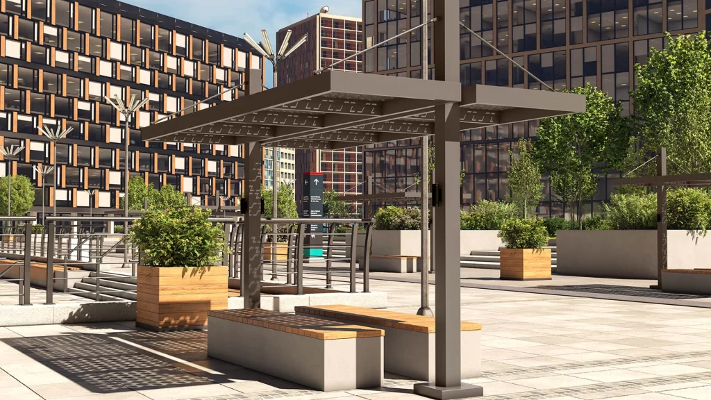 Umbar SSC Canopy shading a bench near an office building.